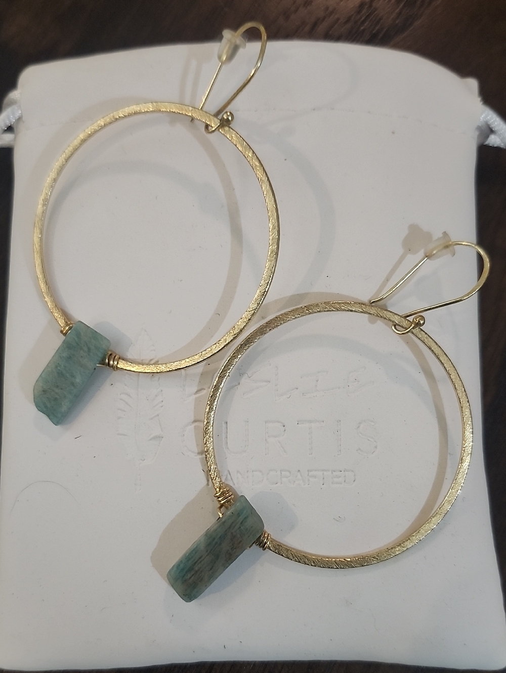 Handcrafted Gold Hoop Earrings with Green Amazonite Bars